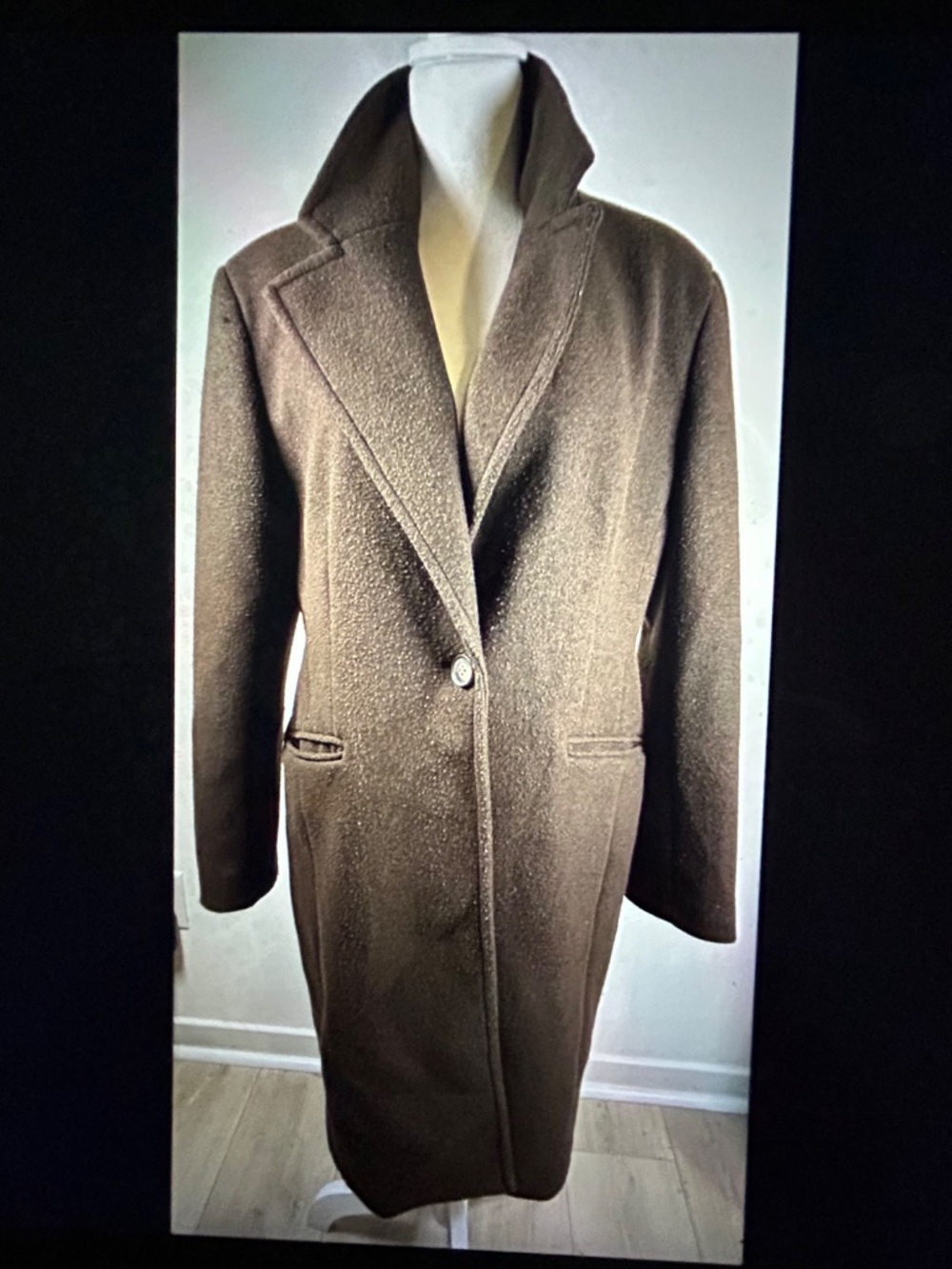 DKNY Winter Coat Sage Brown Women L Single-Breasted Mid Length Lined Pocket